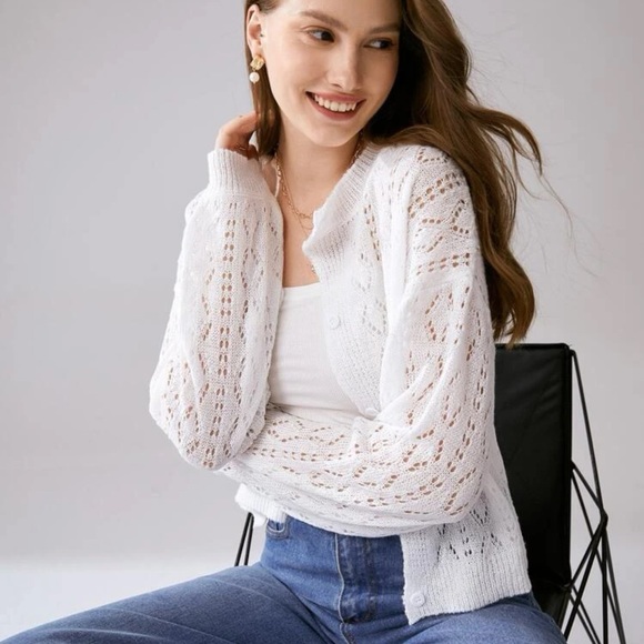BohoGypsyDreamer.com Sweaters - White Pointelle Knit Drop Shoulder Cardigan Sweater Boho